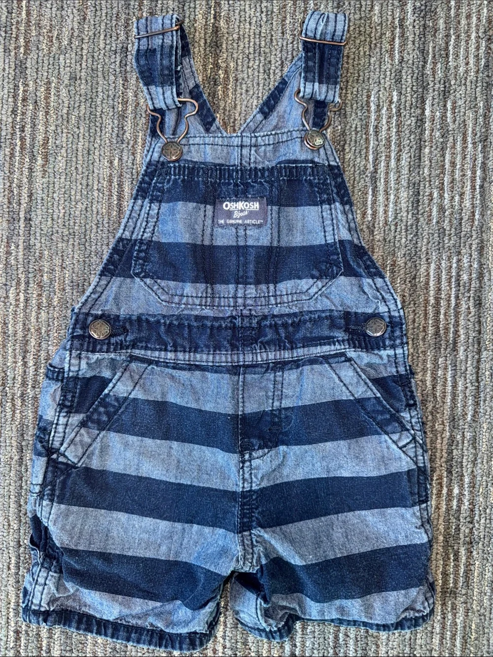 Vintage OshKosh B'gosh Navy and Light Denim Striped Short Overalls 18 months